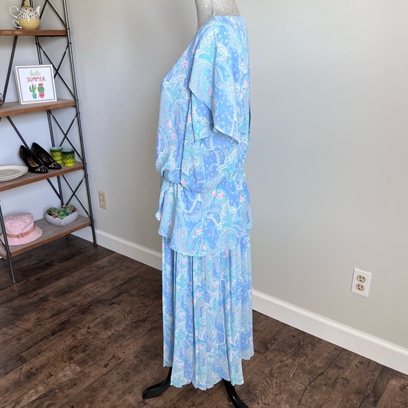 Vintage Rich Lady Peplum Pleated Midi Dress 80s Pastel Paisley Floral Pleated - Picture 4 of 17